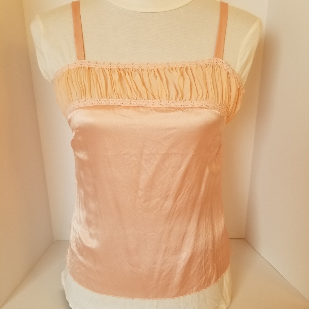 401P NWOT mac & jac 100% Peachy Pink Silk Top sheer ruched panel above bust bead
